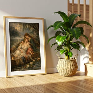 May include: A framed rectangular wall art print featuring a painting of two figures in a small boat on a dark, misty lake. One figure wears a white dress and the other a dark green garment. A small lantern glows in the boat near white water lilies.