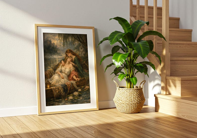 May include: A framed rectangular wall art print featuring a painting of two figures in a small boat on a dark, misty lake. One figure wears a white dress and the other a dark green garment. A small lantern glows in the boat near white water lilies.