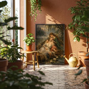 May include: A framed rectangular wall art print featuring a classical painting of two figures resting by a water's edge with lily pads. The artwork is displayed in a sunlit room with terracotta-colored walls, surrounded by various potted green plants.