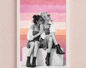 Modern Lesbian Couple Art Print – Retro Sunset Tones, Queer Wall Art (Digital Download)