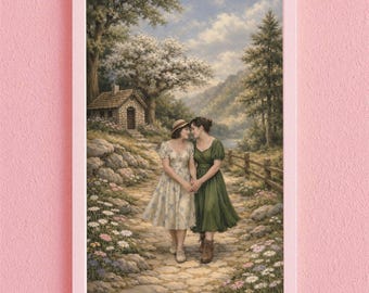 Sapphic Couple Art Print | Vintage Spring Cottagecore Painting (Digital Download)