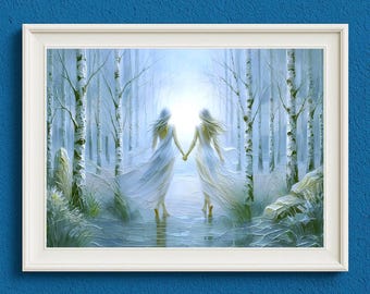 Sapphic Couple Art Print | Ethereal Woodland Fantasy Wall Art (Digital Download)