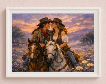 Sapphic Western Art Print | Romantic Cowgirl Couple on Horseback (Digital Download)