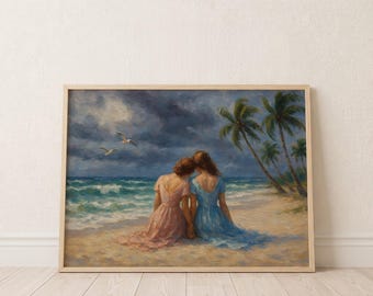 Lesbian Couple Beach Art Print | Romantic Tropical Coastal Scene (Digital Download)