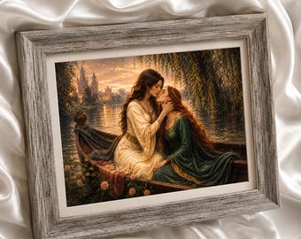 Sapphic Fantasy Art Print | Medieval Lesbian Romance | Camelot's Kiss | Romantic Castle Wall Decor