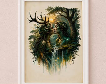 Sapphic Forest Lovers Fantasy Art Print | Enchanted Woodland Wall Art (Digital Download)