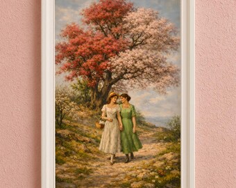 Lesbian Couple Spring Blossom Art Print, Romantic Cottagecore Wall Art (Digital Download)