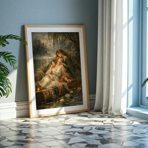 May include: A framed rectangular wall art print featuring a painting of two figures resting in a small boat on a calm body of water. The scene includes a willow tree, water lilies, and a lantern, all rendered in a dark, atmospheric color palette.