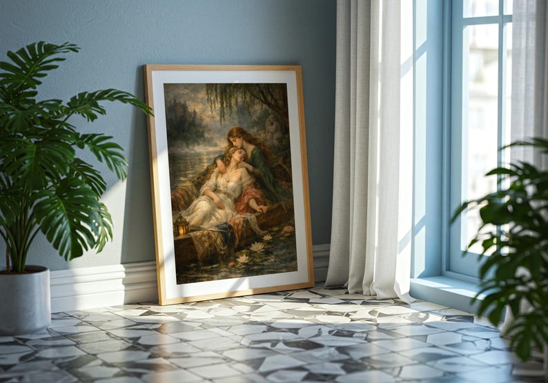May include: A framed rectangular wall art print featuring a painting of two figures resting in a small boat on a calm body of water. The scene includes a willow tree, water lilies, and a lantern, all rendered in a dark, atmospheric color palette.