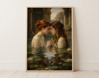 Roman Bath Sapphic Couple Art Print, Intimate WLW Classical Goddess Decor (Digital Download)
