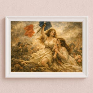 Può includere: Una stampa incorniciata di un dipinto storico raffigurante una scena di battaglia. Due donne in abiti bianchi svolazzanti tengono una bandiera francese e un fucile. Il dipinto presenta una folla di persone e soldati, con una tavolozza di colori tenui.