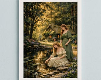 Sapphic Couple Forest Cottage Art, Lesbian Cottagecore Woodland Painting (Digital Download)