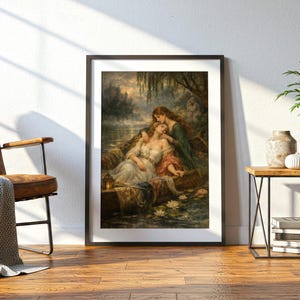 May include: A framed art print featuring a painting of two figures in a small boat on a dark, misty lake. One figure wears a white dress and the other a dark green garment. The scene includes water lilies, a lantern, and willow branches overhead.