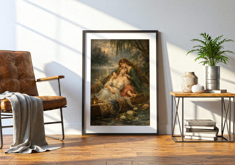 May include: A framed art print featuring a painting of two figures in a small boat on a dark, misty lake. One figure wears a white dress and the other a dark green garment. The scene includes water lilies, a lantern, and willow branches overhead.