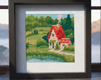 Cozy Creek Cottage Cross Stitch Pattern | Peaceful Riverside Cabin Landscape Embroidery (PDF Download)
