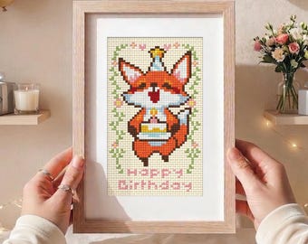 Birthday Fox Cross Stitch Pattern | Fox & Fern Pixel Art (PDF Download)