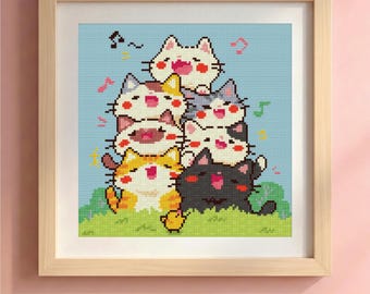 Singing Cats Cross Stitch Pattern | Whimsical Kawaii Animal Stack (PDF Download)