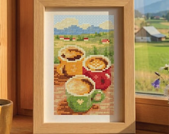 Countryside Coffee Flight Cross Stitch Pattern, Cozy Mountain Cafe, Mini Pixel Art (PDF Download)