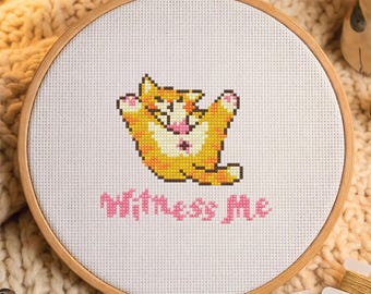 Funny Orange Cat Cross Stitch Pattern, Witness Me Sassy Pet Meme PDF Download