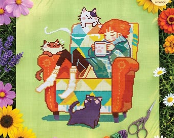 Curious Coffee Cats Cross Stitch Pattern: Cozy Girl & Pets (PDF Download)