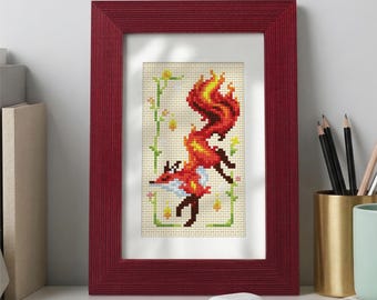 Emberfall Fox Cross Stitch Pattern | Magical Kitsune Floral Embroidery (PDF Download)