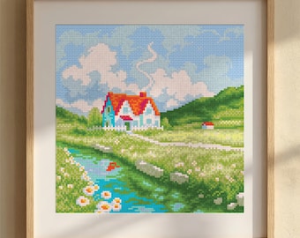 Sun-Kissed Valley Home Cross Stitch Pattern | Sceneries & Landscapes, Cottagecore Embroidery PDF
