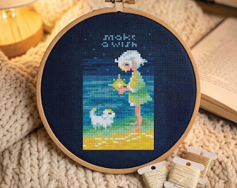 Make A Wish Cross Stitch Pattern, Glowing Star, Night Beach Pixel Art (PDF Download)
