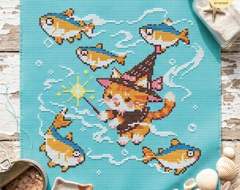 Kitten Witch Cross Stitch Pattern: Magical Tuna Spell (PDF Download)