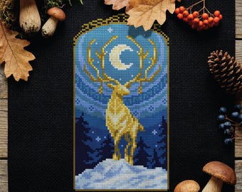 Lunar Stag Cross Stitch Pattern, Midnight Fable Golden Deer & Night Sky PDF Download