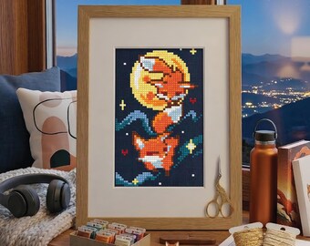 Baby Fox Cross Stitch Pattern, Space Nursery, Celestial Mother and Cub Embroidery (PDF Download)
