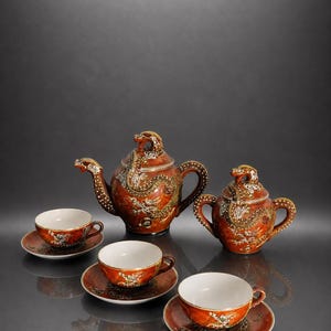 Vintage Japanese Eggshell Dragonware Tea Set – Hand Painted Moriage Porcelain, Meiji Style