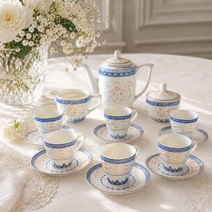 Vintage Hand-Painted Chinese Rice Grain Tea and Coffee Set. Jingdezhen Porcelain
