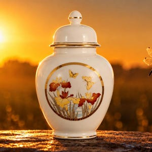 Op de afbeelding: Een witte keramische urn met deksel, voorzien van een cirkelvormig medaillon met gouden rand aan de voorzijde. Het medaillon toont een geschilderde scène van gele en donkerrode irissen met groene bladeren en twee kleine gele vlinders op wit.