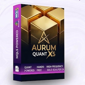 May include: A product box with a dark background and gold cubes. The text "AURUM QUANT X5" is prominently displayed in gold. The box also features the text "MQL5 POWERED" and other details about the product.