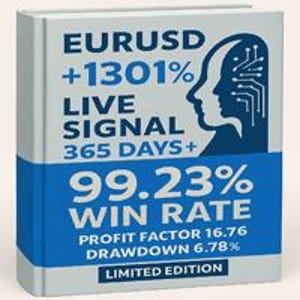 May include: A light gray book with blue text and a blue stripe. The text includes "EURUSD +1301% LIVE SIGNAL 365 DAYS+ 99.23% WIN RATE LIMITED EDITION". A graphic of two faces is on the right side.