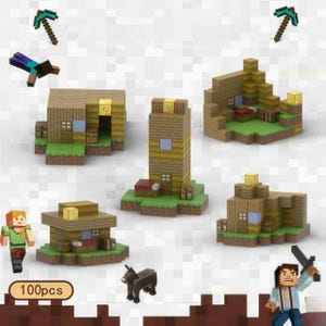 May include: A set of Minecraft-themed building blocks featuring houses, characters, and tools. The set includes various structures with brown and green elements, along with figures and accessories. The image also shows the text "100pcs".