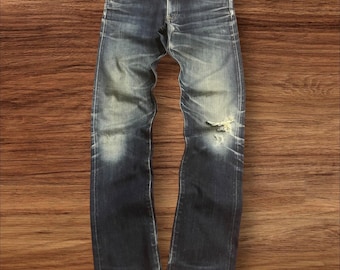Uniqlo Dark Navy Blue Faded Washed Distressed Slim Fit Selvedge Jeans