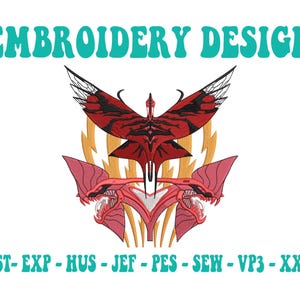 May include: A white background features the text "EMBROIDERY DESIGN" in teal. Below, a red and black stylized bird design is centered, with a similar design below. The bottom of the image lists embroidery file formats in teal.