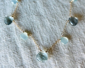 Natural Aqua Marine and Chalcedony Necklace, March Birthday