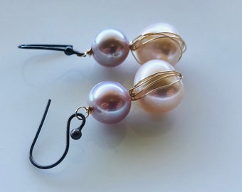 Peach, Rose Pearl and Gold drop earrings/June Birthstone/under50/Bridal Jewelry