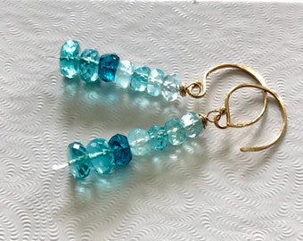 Aqua Marine, Blue Topaz and Moonstone “dangle” earrings.