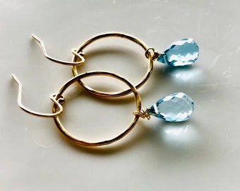 Blue Topaz and Gold Hoop earring, December birthstone, 4th wedding anniversary gift for her