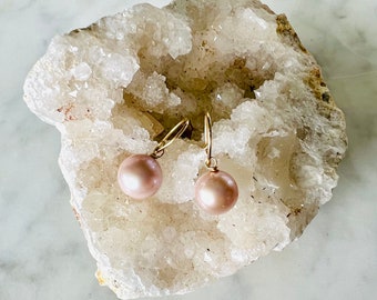 Pink Pearl Drop Earrings: Handmade Gold Filled Ear Wires