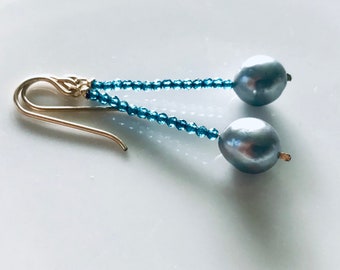 Tahitian Pearl and London Blue Topaz Earrings, gift for her