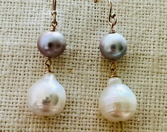 White Baroque Pearl and grey Pearl earrings