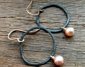 Pale Pink Pearl and Blackened Sterling Silver “Loop” Earrings