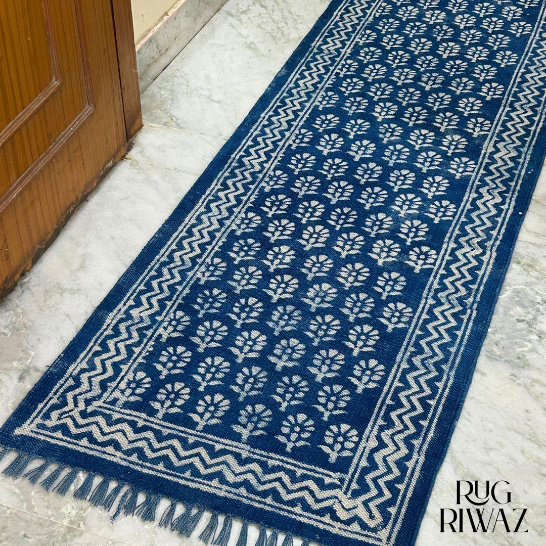 Dabu Rug Indigo Floral Runner | Dabu Block Print Cotton Rug Handmade | Washable ...