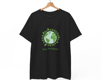 May include: Black t-shirt with a green and blue graphic of the Earth surrounded by green leaves. The text "Save The Planet" is printed below the graphic. The shirt is hanging on a wooden hanger.