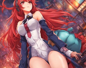 Anime Girl Poster | Fantasy Anime Wall Art | Red Hair Anime Illustration | Gamer Room Decor | Digital Download Print