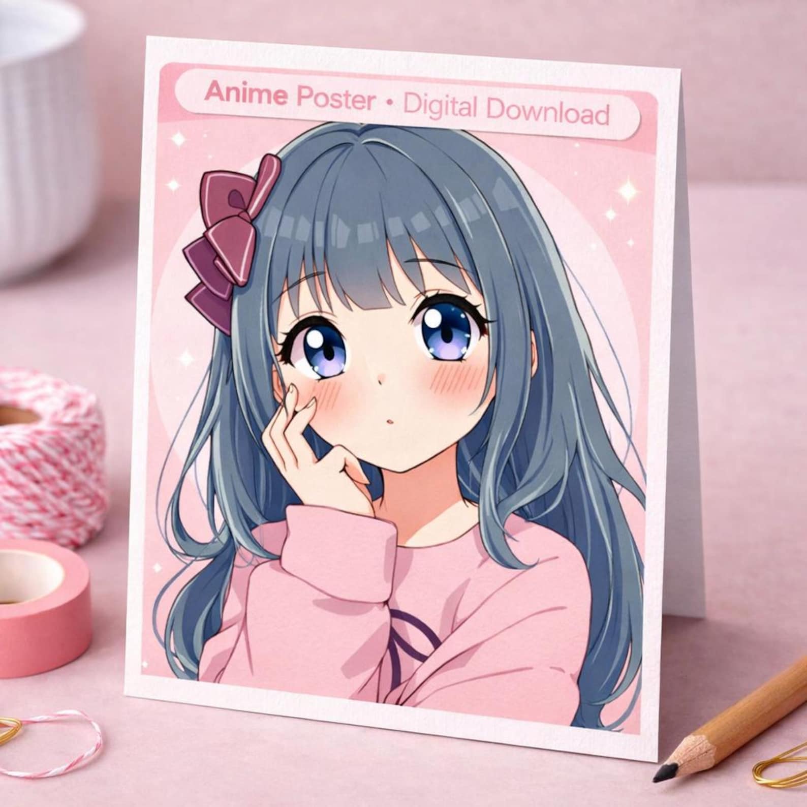 Kawaii Anime Girl Poster | Pastel Pink Anime Wall Art | Cute Japanese ...
